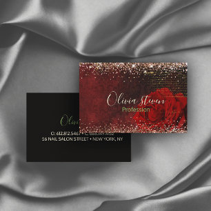 Chic red flower faux gold glitter monogram business card