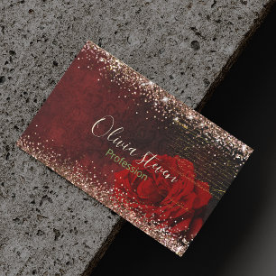 Chic red flower faux gold glitter monogram magnetic business card