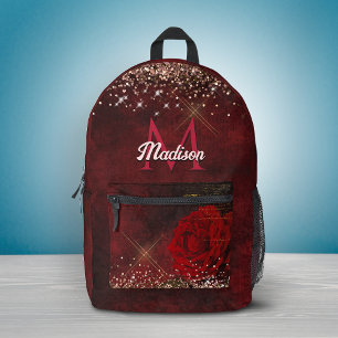 Chic red flower faux gold glitter monogram printed backpack