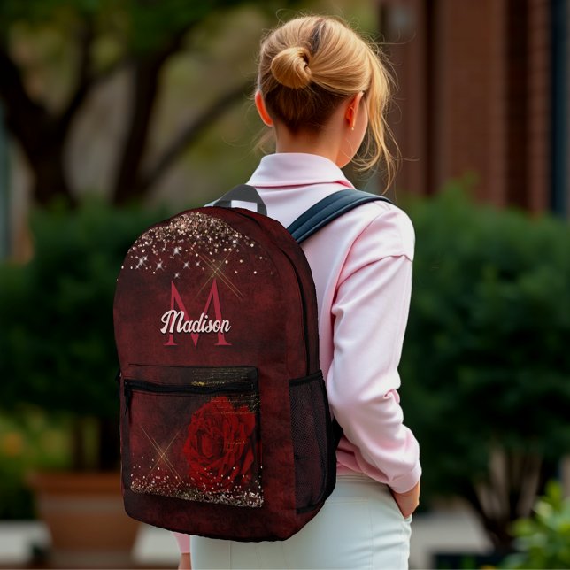Chic red flower faux gold glitter monogram printed backpack (Creator Uploaded)
