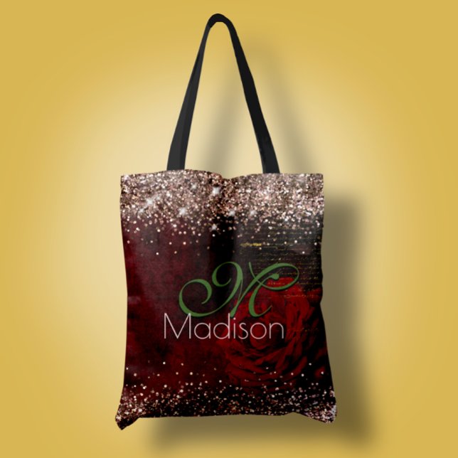 Chic red flower faux gold glitter monogram tote bag (Creator Uploaded)