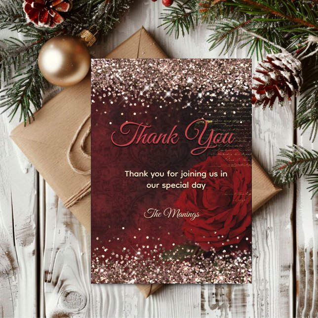 Chic red flower faux gold glitter thank you  card (Creator Uploaded)