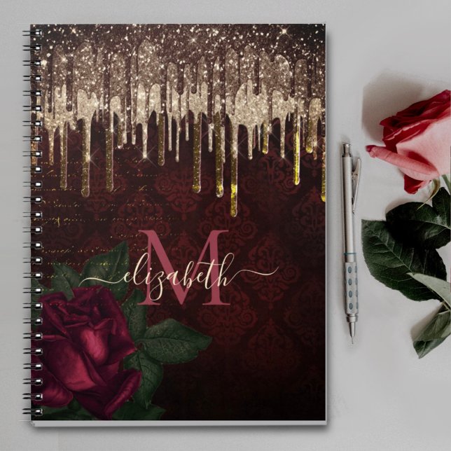 Chic red flower gold drippings glitter monogram notebook (Creator Uploaded)
