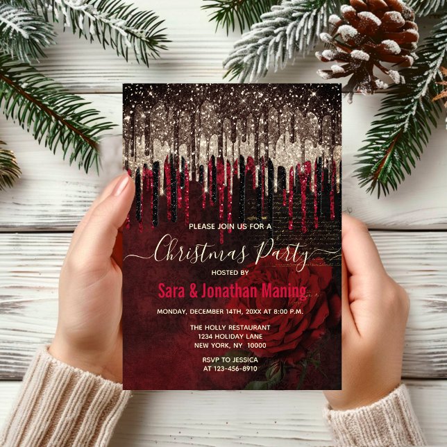 Chic red flower gold drips glitter Christmas  Invitation (Creator Uploaded)