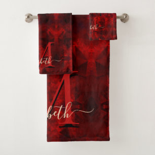 Chic red flower gold drips glitter monogram bath towel set