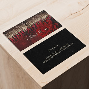 Chic red flower gold drips glitter monogram business card