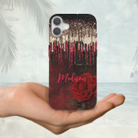 Chic red flower gold drips glitter monogram Case-M
