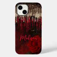 Chic red flower gold drips glitter monogram