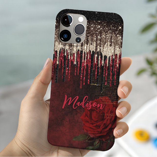 Chic red flower gold drips glitter monogram Case-Mate iPhone case (Creator Uploaded)
