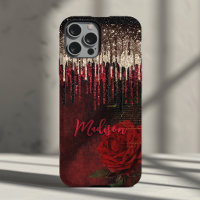 Chic red flower gold drips glitter monogram