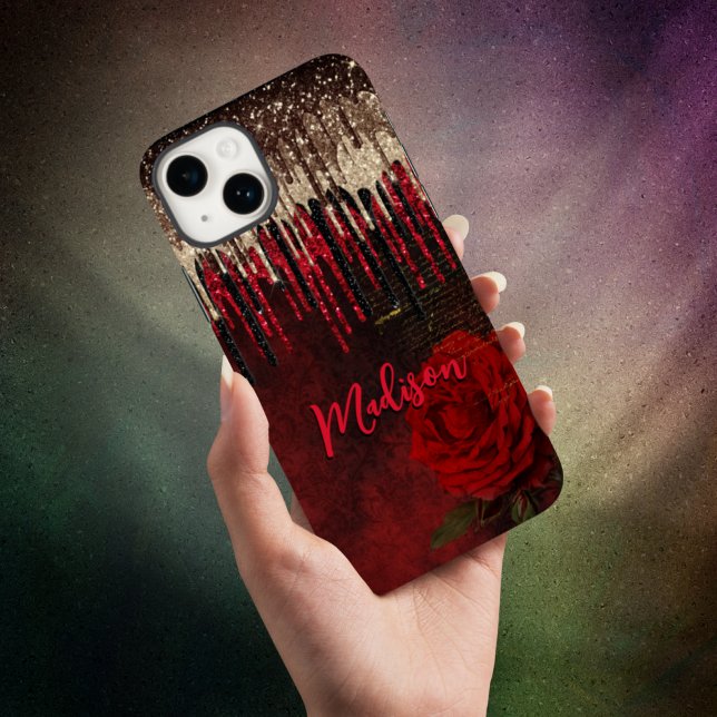 Chic red flower gold drips glitter monogram Case-Mate iPhone case (Creator Uploaded)