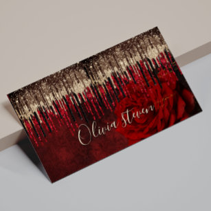 Chic red flower gold drips glitter monogram magnetic business card