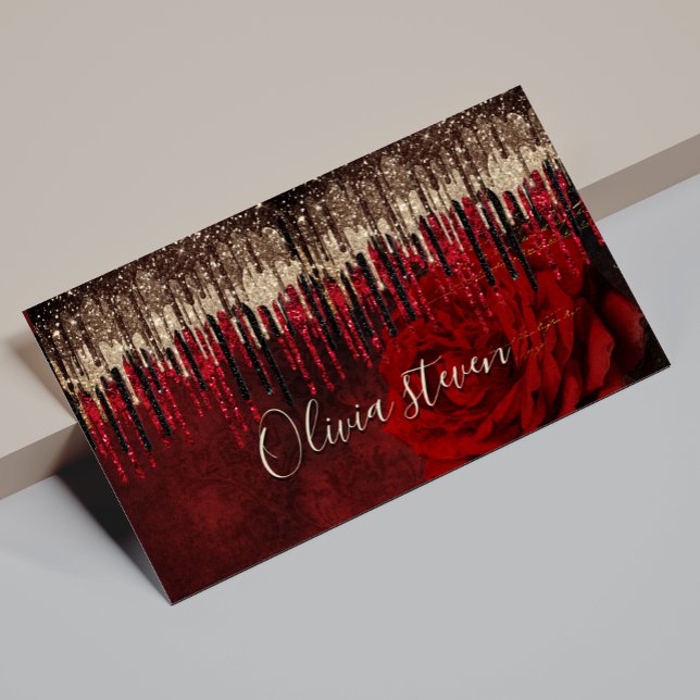 Chic red flower gold drips glitter monogram magnetic business card (Creator Uploaded)