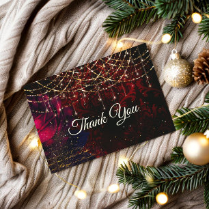Chic red flower holiday glitter lights  thank you card
