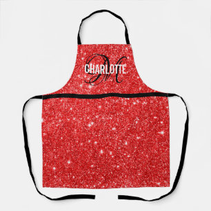 Chic red glitter monogram name apron