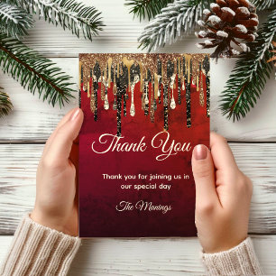 Chic red gold black glitter drips thank you card