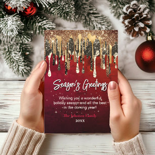Chic red gold drips Christmas new year greeting  Card