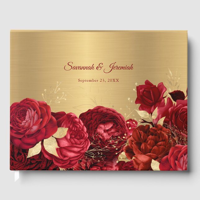 Chic Red Gold Floral Customisable Wedding Guest Book (Front)