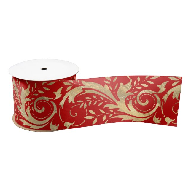 Chic Red Gold Floral Scroll Modern Pattern Satin Ribbon (Spool)