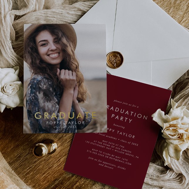 Chic Red Gold Foil Photo Graduation Party (Creator Uploaded)