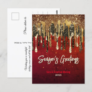 Chic red gold glitter drips Christmas new year Postcard