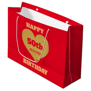 Chic Red & Gold Glitter Heart Happy 50th Birthday Large Gift Bag