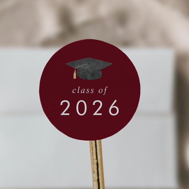 Chic Red Grad Cap Class of 2025 Graduation Classic Round Sticker (Chic Red Grad Cap Class of 2026 Graduation Classic Round Sticker)