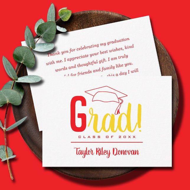 Chic Red Grad Cap Graduation Card (3.5" x 5" red and yellow Grad and graduation cap flat note cards, your message on the back)