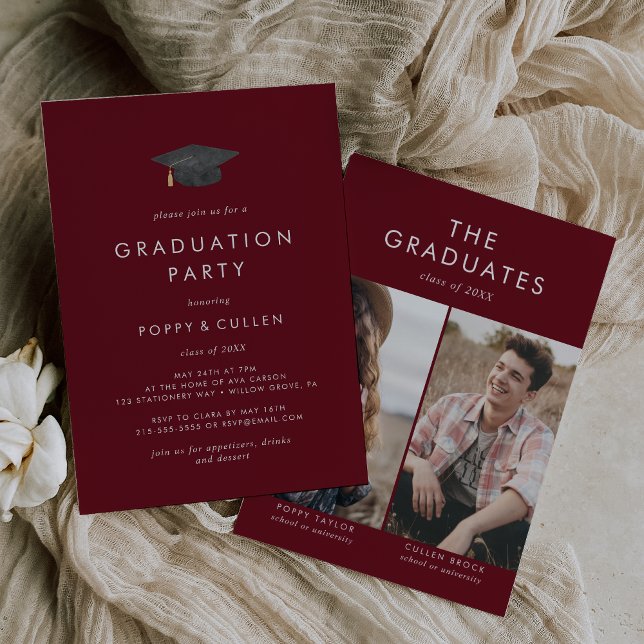Chic Red Grad Cap Photo Double Graduation Party Invitation (Creator Uploaded)