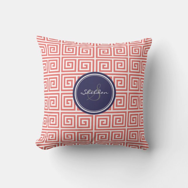 Chic red greek key geometric patterns monogram cushion (Front)