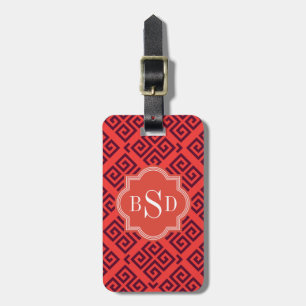 Chic red greek key geometric patterns monogram luggage tag