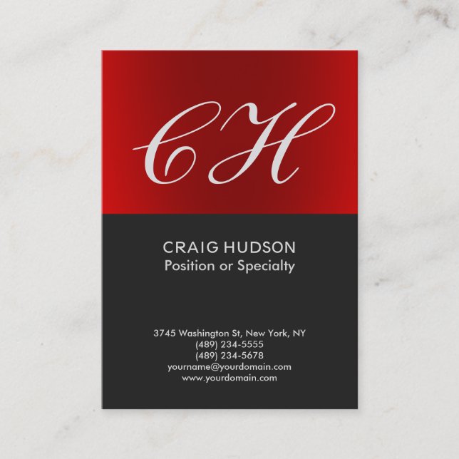 Chic Red Grey Monogram Professional Business Card (Front)