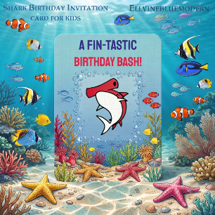 Chic Red Hammerhead Shark Fin-tastic Kids Birthday Invitation