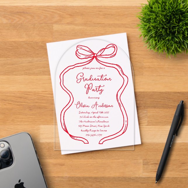 Chic Red Hand Drawn Bow & Script Graduation Party Acrylic Invitations (Insitu (Invitation Card))