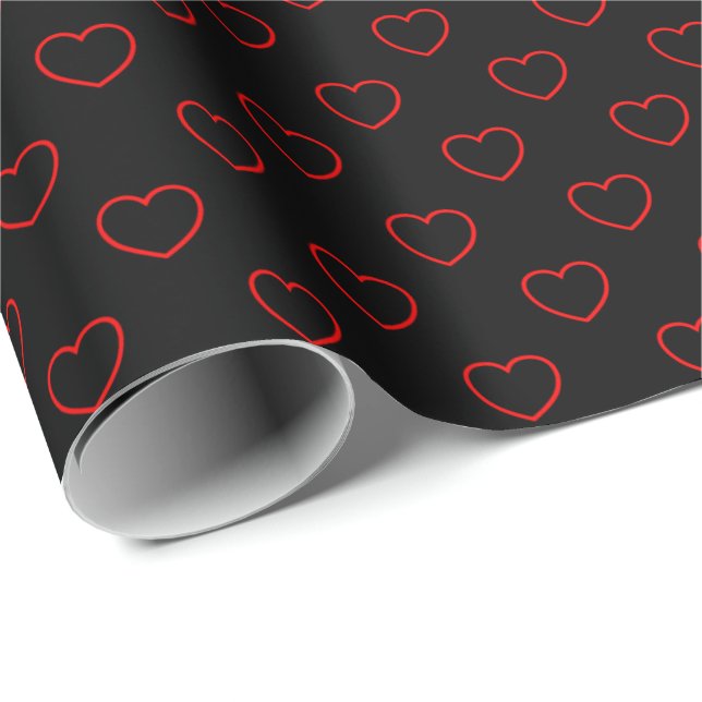 Chic Red Hearts Pattern On Black Wrapping Paper (Roll Corner)