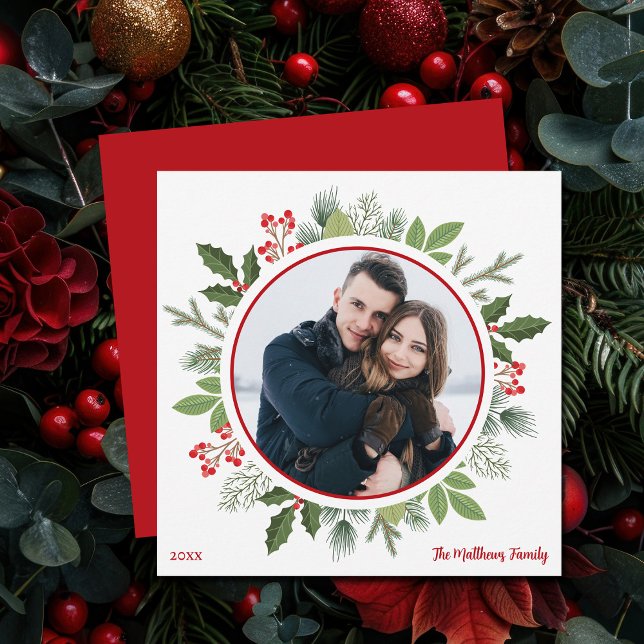Chic Red Holly Berry Leaf Christmas Wreath Photo Holiday Card (Creator Uploaded)
