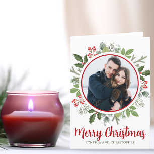 Chic Red Holly Christmas Wreath Photo Folded Holiday Card