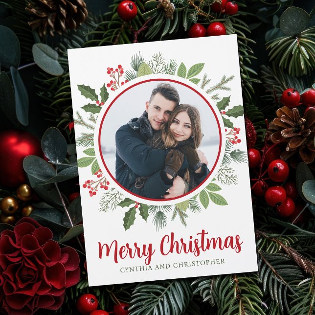 Chic Red Holly Christmas Wreath Photo Magnet Card (Creator Uploaded)