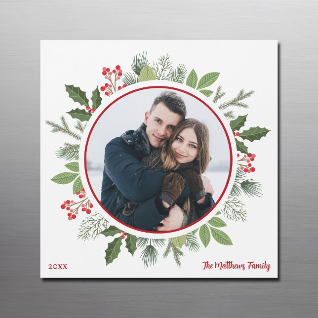 Chic Red Holly Christmas Wreath Photo Magnet Card (Creator Uploaded)