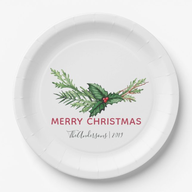 Chic Red Holly Leaves Bouquet Christmas Holiday Paper Plate (Front)
