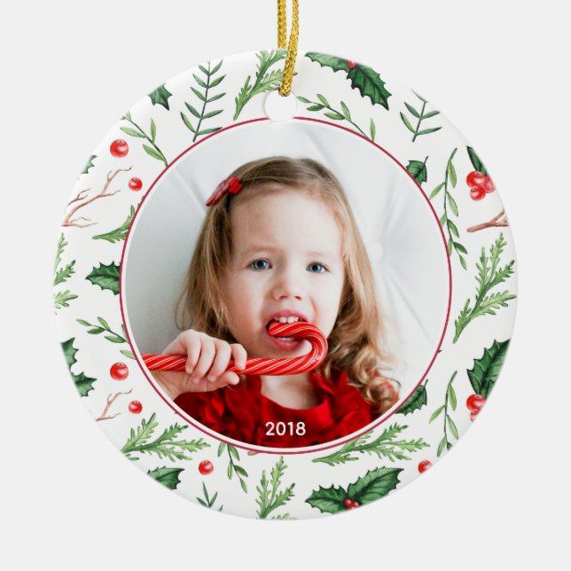 Chic Red Holly Pattern Christmas Photo Holiday Ceramic Tree Decoration (Front)