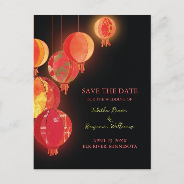Chic Red Lanterns Wedding Save the Date Announcement Postcard (Front)