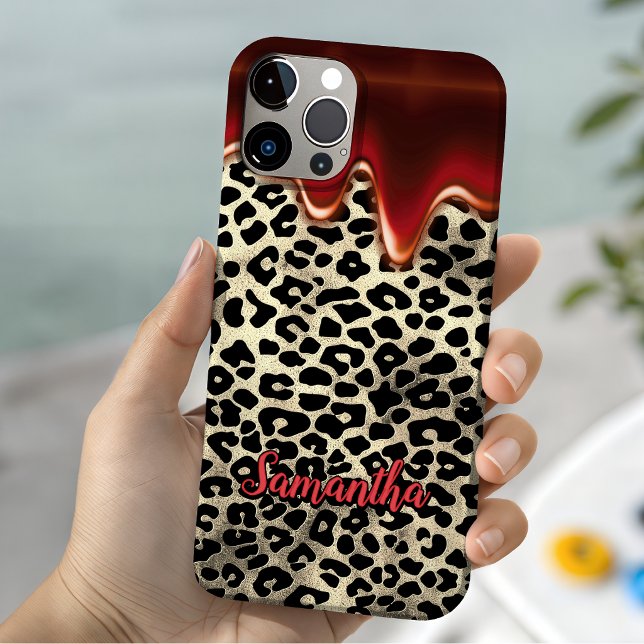 Chic Red Leopard Print Dripping Monogram iPhone 16 Case (Creator Uploaded)