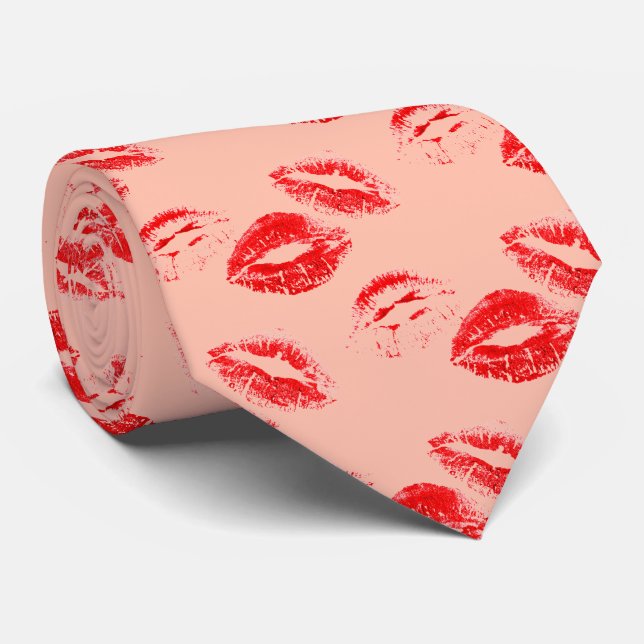 Chic Red Lip Print Tie on Coral Background (Rolled)