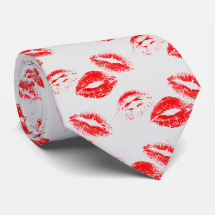 Chic Red Lip Print Tie on Light Grey Background