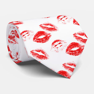 Chic Red Lip Print Tie on White Background