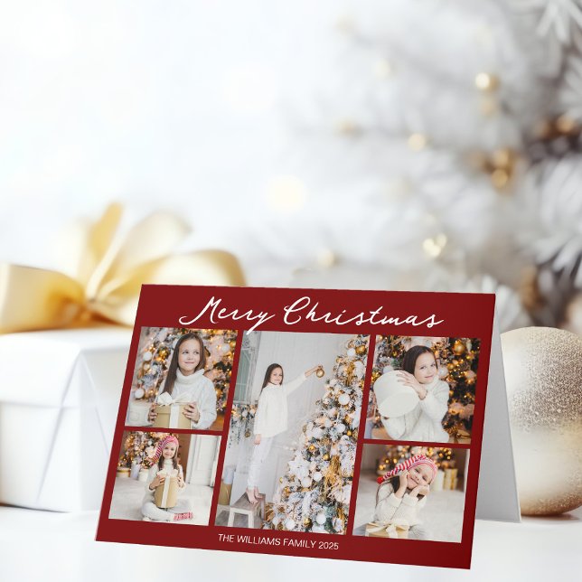 Chic Red Merry Christmas Photo Collage Folded Holiday Card (Creator Uploaded)