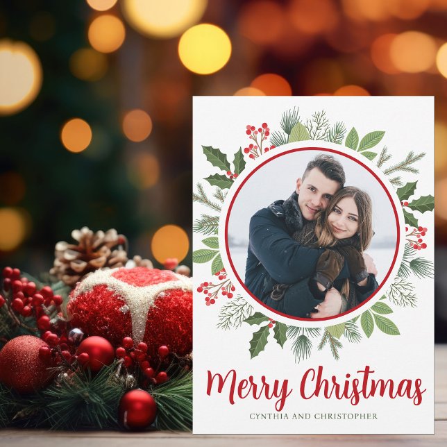 Chic Red Merry Christmas Wreath Couple Photo Holiday Card (Creator Uploaded)