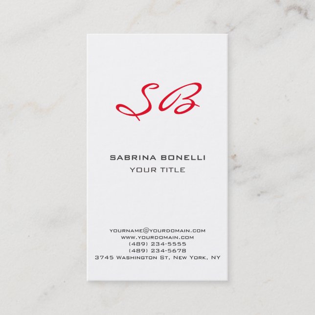 Chic Red Monogram White Cute Business Card (Front)