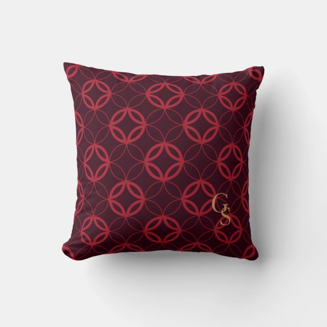 Chic red Moroccan circle pattern monogram Cushion (Front)